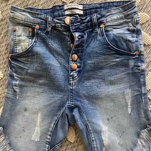 Denim Jean Shorts Blue Button Fly Distressed by One x One Teaspoon Bandit  26